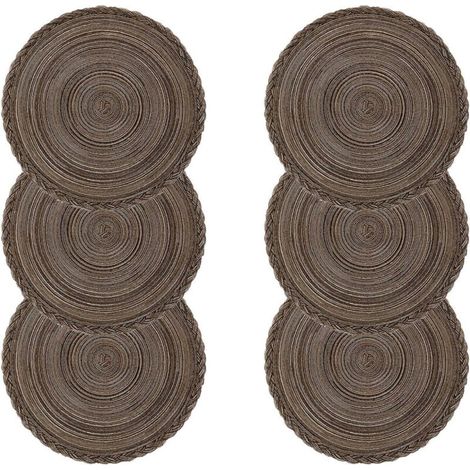 Lot de 6 Set de Table Coton Tressé Lavable Résistantes à la Chaleur Antidérapant, Set de Table Rond 38x38cm(Rond,tressé-Brun) (1/4)