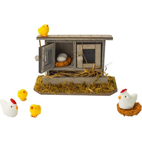 Poulailler miniature avec poules, poussins et œufs, accessoire de crèche pour maison de poupée, printemps, décoration de jardin miniature, jardin féérique, ferme, porte lutin (1/5)