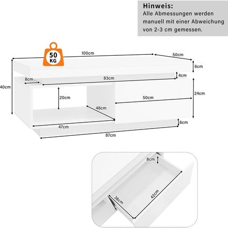 Couchtisch 100x50x40 cm Weiß mit LED und Schublade, Spanplatte, Design MEUBLIV (1/5)