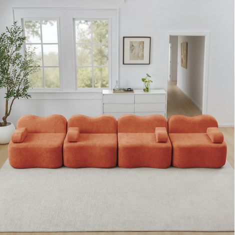 Divano modulare 4 posti senza armatura, forma ondulata, velluto arancione, 384 cm (1/5)
