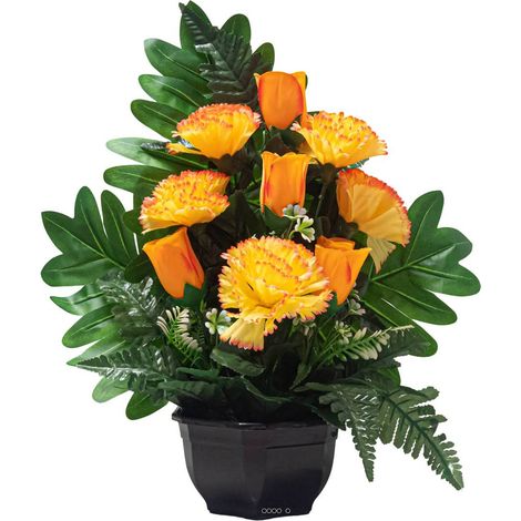 Vasque de Boutons de Roses fleurs artificielles pour le cimetière H 45 cm D 36 cm Jaune-orange - couleur: Jaune-orange