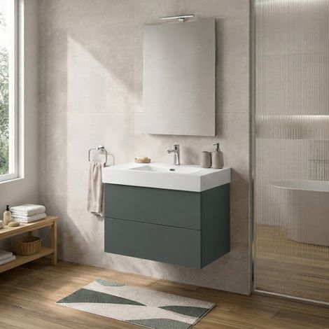 Mobile bagno sospeso 70 cm verde due cassetti push-pull e lavabo in resina Tierra (1/5)