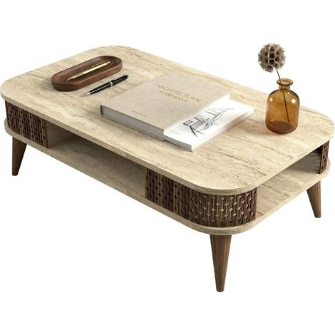 Couchtisch Medizin, ein Fach, mit Beinen, rechteckig, 105x60x35 cm hoch, Beige Marmor