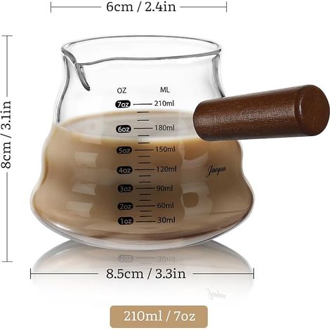 Verre Doseur à Expresso Borosilicate Pichet Doseur Cuisine Transparent Tasse à Café Ondulée Gradué Pot à Lait avec Anse en Bois et Bec Verseur Petite Gobelet Mesureur Accessoire Bar (1/4)