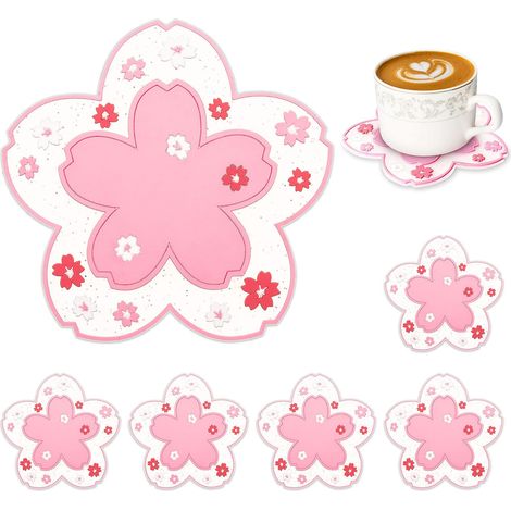 Silicone Coasters for Drinks, 6 Pack Cute Non-Slip Washable Drink Coasters (Pink Sakura Pattern) (1/5)
