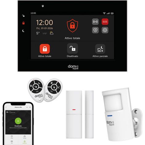 Beghelli 60105 Dom-e KIT di allarme wireless WIFI GSM 4G LoRa con sensore volumetrico sensore porta finestra sirena 105 dB 2 telecomandi colore Bianco
