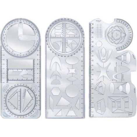Modelli per disegno geometrico, set da 3 pezzi: disegno, misurazione, righello in plastica, geometria, matematica, strumenti di misurazione, scuola, hobby, ufficio, lavoro, modello di disegno (1/5)