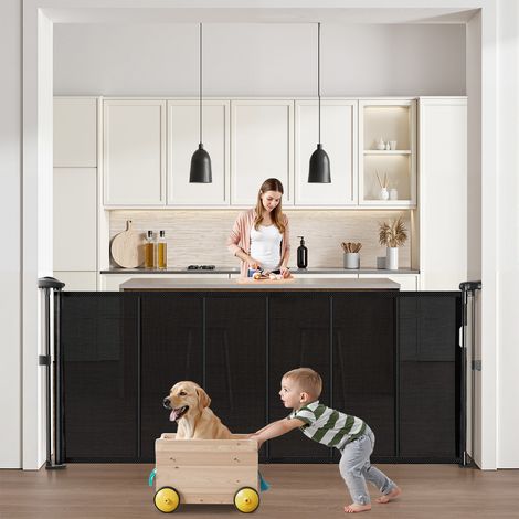 VEVOR Barriere de securite extensible jusqu’a 180 cm, hauteur 87 cm, barriere retractable pour chiens, materiau en maille, installation facile pour escaliers, portes, couloirs et salles de jeux, noir