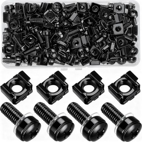50 Ensemble de vis de montage en étagère et écrous de cage pour cabinet de serveur de montage en étagère, vis de montage en acier au carbone noir et écrous de cage avec rondelles, M6 x 20mm, noir