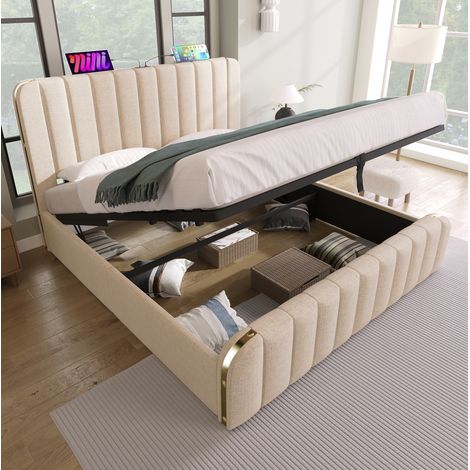 Cama doble 140x200 cm beige en lino con colchón, almacenaje hidráulico y puertos USB-C (1/5)