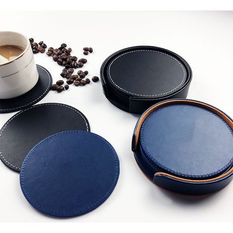 Lot de 6 dessous de verre ronds en cuir avec support pour protéger votre table, décoration d'intérieur, design moderne, facile à nettoyer (1/5)