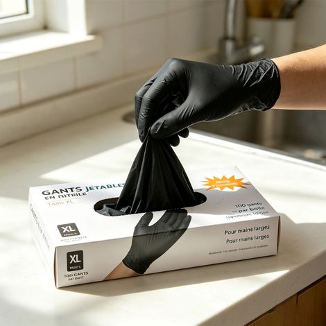 Gants jetables en nitrile noir taille XL, largeur paume  10 cm, gants de protection alimentaire sans poudre, résistants, multi-usages cuisine, ménage, laboratoire, jardinage - Noir (1/5)