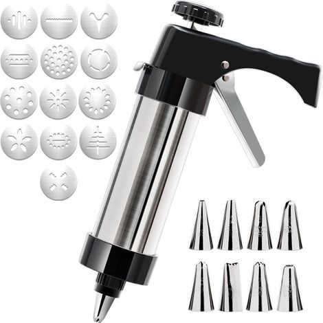 Emporte-pièces professionnel en acier inoxydable, poche à douille, presse à pâtisserie, pistolet à pâtisserie avec 13 formes d'emporte-pièces et 8 embouts. (1/4)