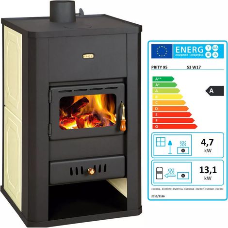 Prity – Poêle à bois 5 kW pour chauffage central – Chaudière intégrée 17 kW – Sortie de fumée supérieure 130 mm – Dimensions 570x530x930 mm (1/5)