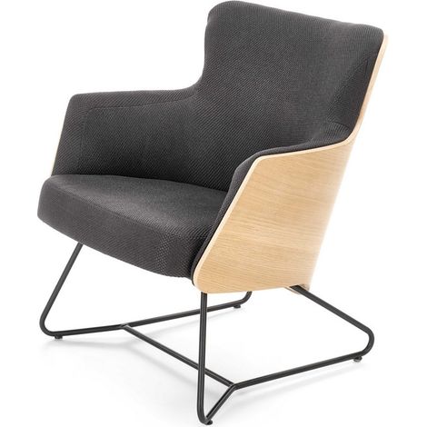 Fauteuil design en tissu gris avec dossier aspect chêne naturel EREL (1/5)