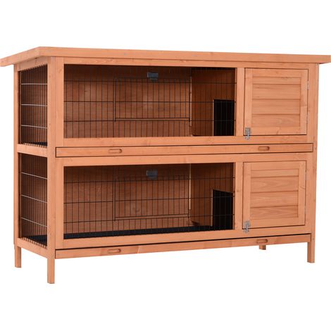 Clapier sur pieds cage à lapin double niveau plateaux excréments coulissants 4 portes verrouillables dim. 137L x 50l x 93H cm bois massif pin toit bitumé vert