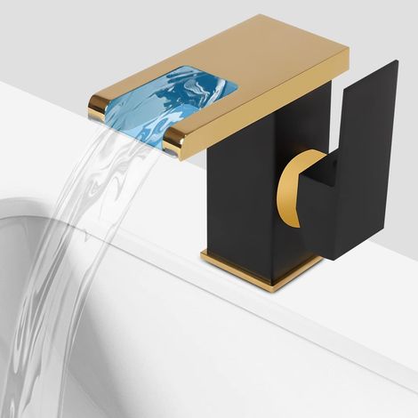 Wasserhahn mit Licht Bad, LED Wasserfall Badezimmer Wasserhahn Schwarz&Gold Led Licht 3 Farben Ändern Auslauf Waschtischarmatur für Badezimmer, Küchen, Duschen