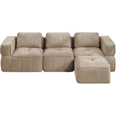Sofá modular L de 3 plazas con puf, tejido de poliéster, color arena, HOMVRA (1/5)