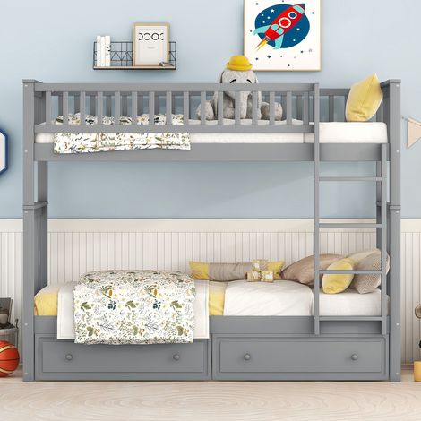 Lit superposé 90x200 cm, lit enfant avec tiroirs, lit gigogne fonctionnel gris, couchage convertible 2 places, meuble d'espace chambre (1/5)