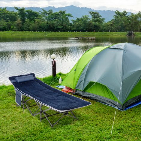 Lit de Camping Pliable avec Oreiller et Matelas Intégré, Bleu