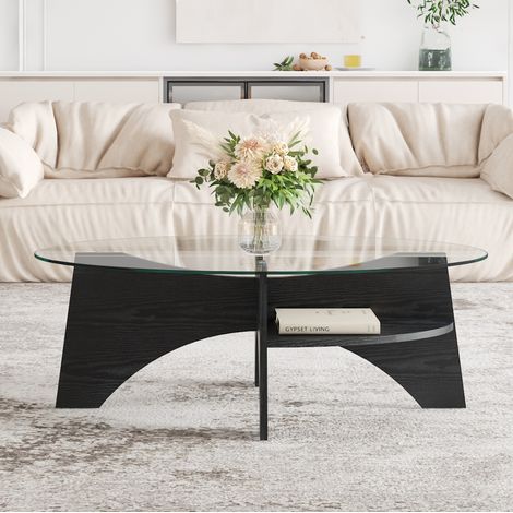 Mesa de centro ovalada de vidrio de seguridad 104,9 x 60 x 35,6 cm, estructura MDF negra HAVRYA (1/5)