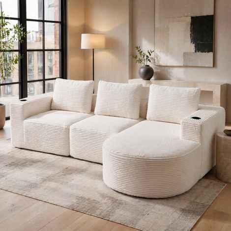 Canapé d'angle 258x171x62,5 cm beige, 3 coussins et porte-gobelets, polyester MEUBLIV