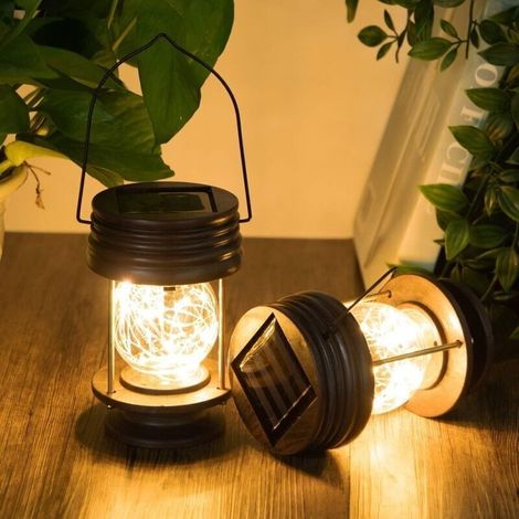 Lanterne portative,Lot de 2 lanternes solaires suspendre pour jardin, lampe de table LED vintage avec poigne pour alle, cour, terrasse, dcoration d\'arbre, plage, pavillon (lumire chaude) (1/4)