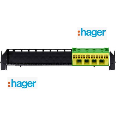 Bornier de Terre sans vis 14x4 mm² + 4x25 mm² Hager KN18E +  Support Hager GZ30A