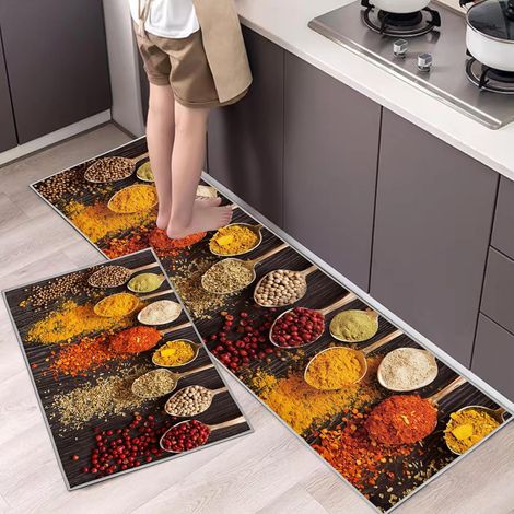 Lot de 2 tapis de cuisine antidérapants, absorbants, résistants à la poussière (Assaisonnement, 40x60 + 40x120 cm). (1/5)