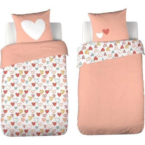 Parure de lit - CÔTÉ DÉCO - 140x200 cm - Housse de couette + Taie d'oreiller - Motif cœurs - Microfibre