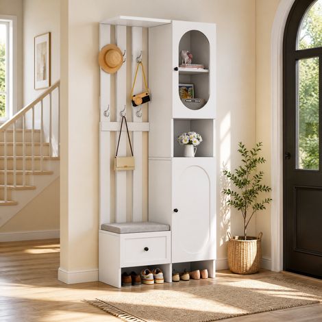 Mueble zapatero de entrada, 85 x 33,5 x 200 cm, 2 armarios, 1 cajón, blanco HAVRYA (1/5)