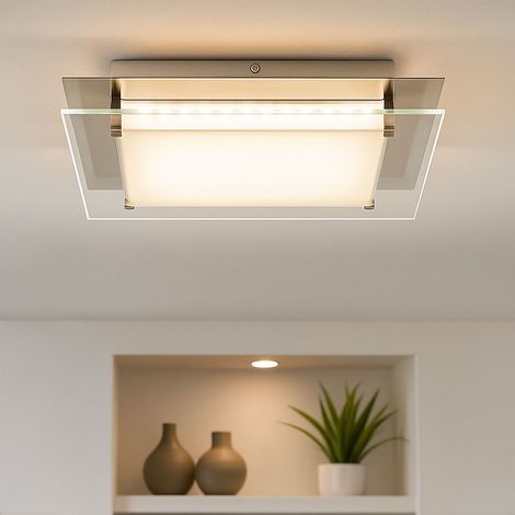 Deckenleuchte Deckenlampe Schlafzimmerleuchte Wohnzimmerlampe, Dimmbar, Glas nickel matt klar satiniert, 1x LED 40W 2000Lm 3000K, HxLxB 7,5x50x50cm