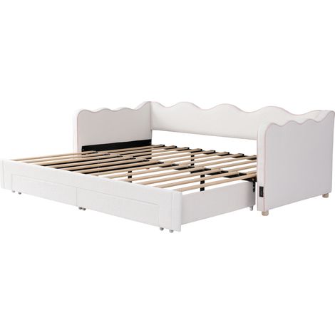Letto divano estensibile 90x200 cm in bouclé beige con 2 cassetti e porta USB MODENUIT (1/5)