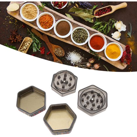 50 mm sechseckige, dreistufige manuelle Kräuter- und Gewürzmühle aus Zinklegierung mit Totenkopf- und Flammenmechanismus (1/5)