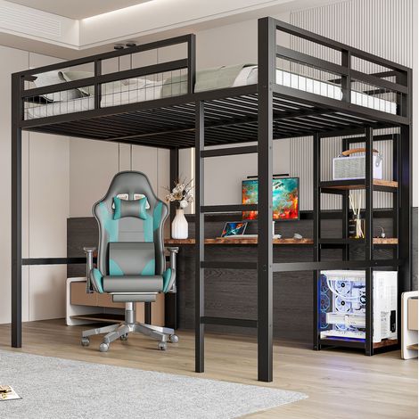 MEUBLIV Lit mezzanine 140x200 cm noir – avec bureau et étagères, sans matelas (1/5)