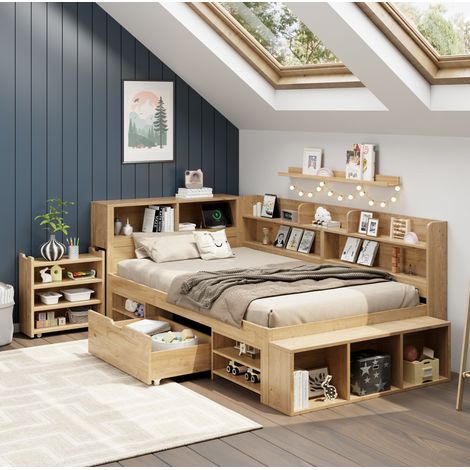 DESVIAE Lit enfant avec rangements et étagères 90 x 200 cm lit simple multifonction avec tiroir placards sommier à lattes couleur naturelle (1/5)