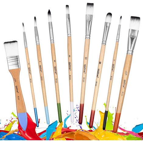 9 Pcs Pinceaux Peinture Acrylique Mur, Pinceau Aquarelle, Pinceau Peinture à Huile, Pinceaux de Décoration Professionnels pour Décoration Arts Vernis Acrylique Gouache (1/5)