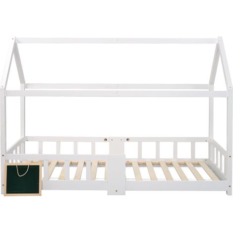 Kinderhausbett 90 x 200 cm Weiß mit Tafel, Sicherheitsgittern und Lattenrost (1/5)