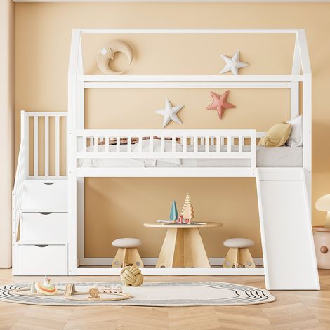 Letto rialzato bambini 90x200 cm a casetta con scivolo e scala portaoggetti, in legno, senza materasso, bianco (1/5)