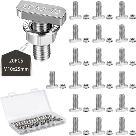20 Pcs Boulons à Tête en T M10x25 vis à tête Marteau avec Boîte en Plastique vis de Serre en Inox avec écrous à Bride pour Serre Profilés en Aluminium Rail de Montage Solaire à 10mm Gorge (1/5)
