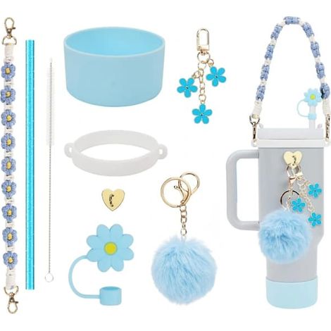 Ensemble d'accessoires Stanley Cup 7 pièces : protège-paille en silicone, breloque, poignée et dragonne pour gobelets de 240 à 1200 ml (bleu). (1/4)