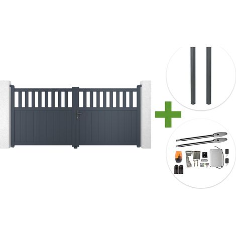 Portail battant 3m SANTIS H.140cm aluminium gris + 2 poteaux ELDA aluminium gris 15x15cm + motorisation Tanker B250 (1/5)