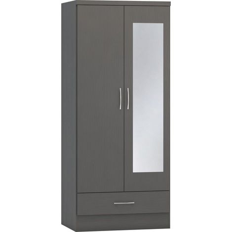 Nevada Mirrored 2 Door 1 Drawer Wardrobe - L52 x W78 x H182.5 cm - 3D Effect Grey (1/4)