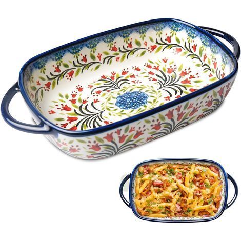 Plat à gratin rectangulaire en céramique avec poignées, fonctionnalité vintage, pour cuisine et table à manger (double poignée, 23,5 x 13 x 5 cm) (1/5)