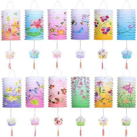 Lanterne Papier - 12 Pièces - Soie Multicolore - Motifs Fleurs Et Oiseaux - Suspension Intérieur Extérieur - 16x25 Cm (1/5)