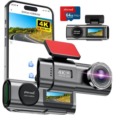 Auto-Dashcam, 4K-Autokamera mit 1,47-Zoll-IPS-Bildschirm, 170°-Weitwinkel-Dashcam, WLAN und App, Nachtsicht, 64G-SD-Karte, WDR, G-Sensor, 24-Stunden-Parkmodus, Loop-Aufnahme