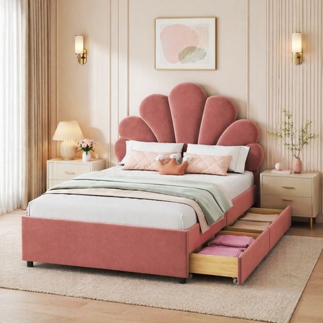Cama infantil FloraGrace 90x200 cm de terciopelo rosa con cajones, sin colchón (1/5)