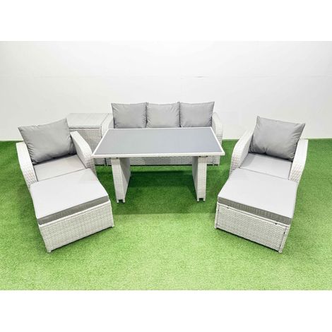 Fimous Outdoor Rattan Garden Furniture Dining Set 7-seater Patio Rectangular Table 3 Seater Sofa Reclining Chair Set with Side Table 2 Big Stools (1/4)