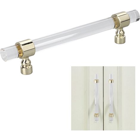 Tirador de cristal acrílico transparente – B01277S – Fácil instalación para armarios, cómodas y aparadores – Distancia entre orificios: 96 mm – Dorado (1/5)