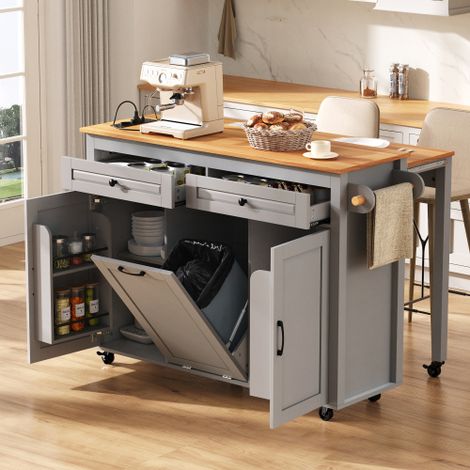 Isola cucina su ruote, isola cucina estensibile con zona pranzo, piano di lavoro e vano per la pattumiera, isola cucina mobile autoportante con prese multiple, ideale per cucina e sala da pranzo (grig (1/5)